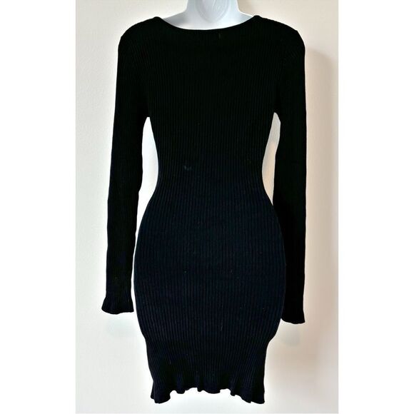 Blue Blush Black Ribbed Lace-Up Bodycon Dress | Size M | Long Sleeve - Picture 8 of 11